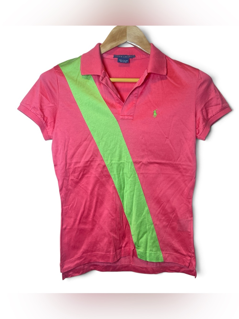 Polo Ralph Lauren S Pink Green Sash Stripe Pony Cotton Polo Shirt Vintage